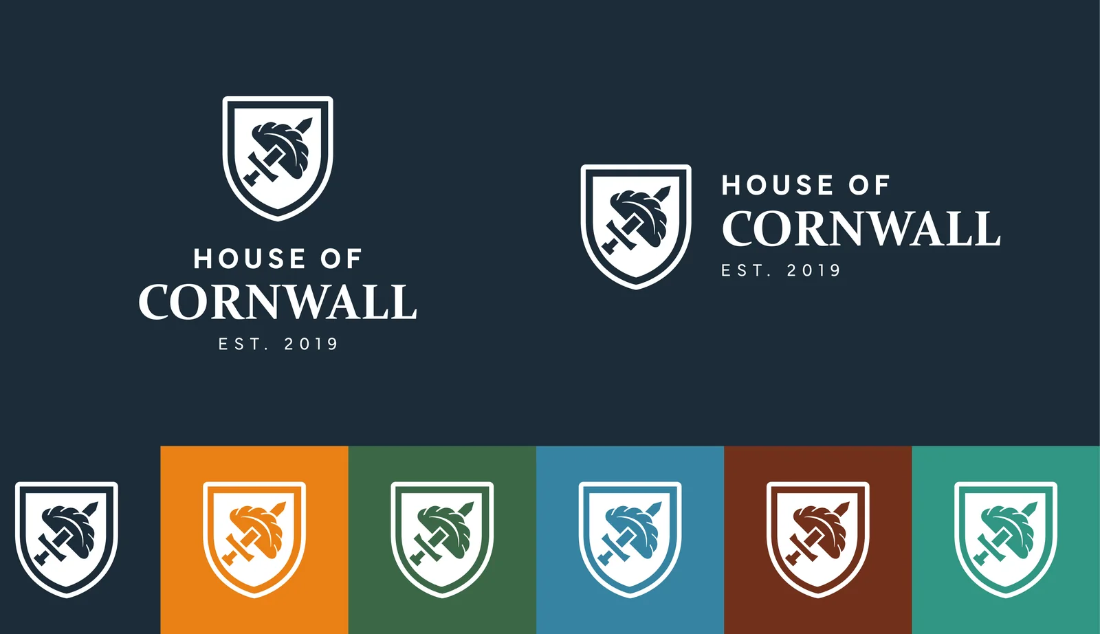 An earlier round of the crest tested on white, orange, green, blue, rust and teal grounds